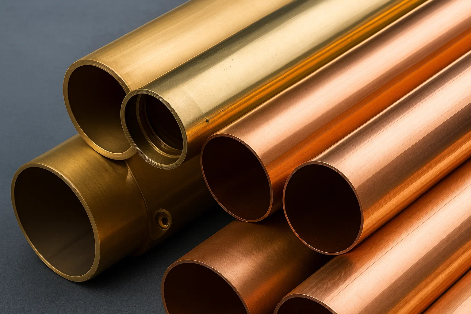 Minimalist construction layout showing copper and brass pipes arranged side by side to highlight corrosion resistance properties in plumbing materials.
